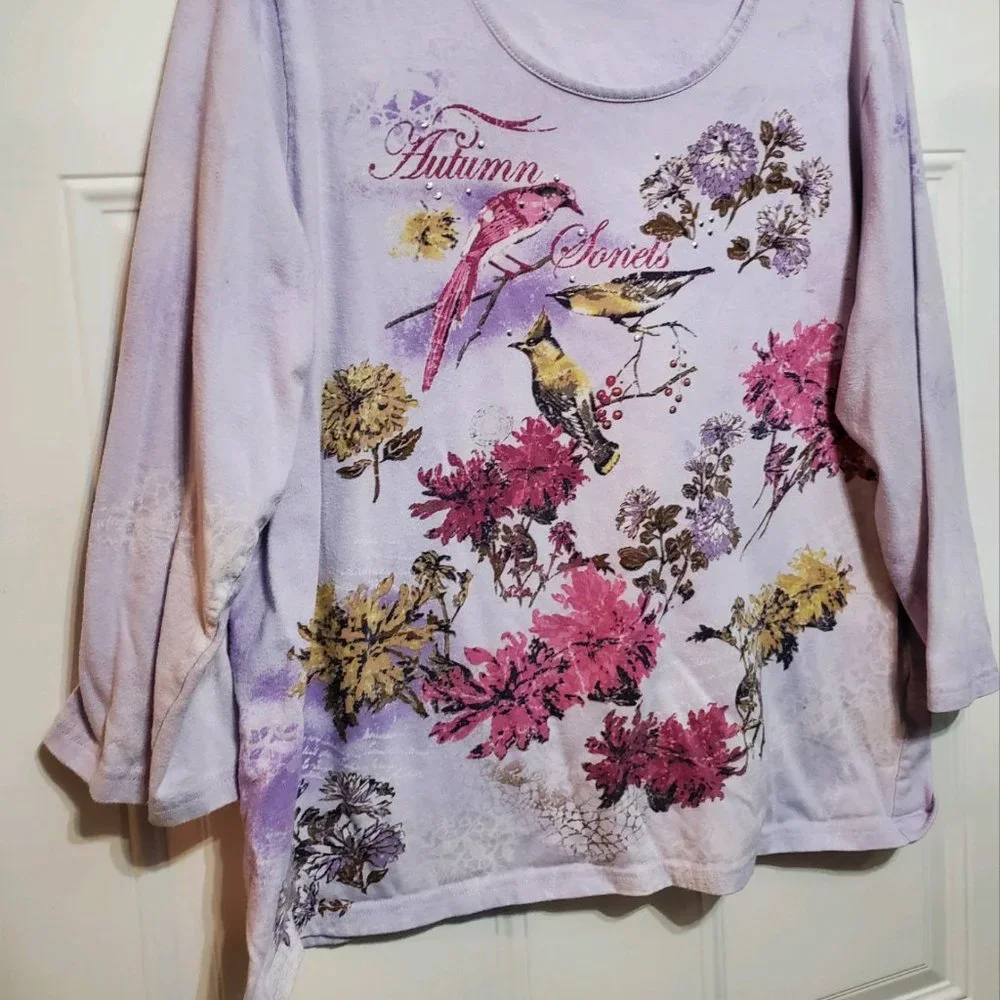 Basic Editions Purple T-Shirt Top with Birds & Flowers - Picture 1 of 16